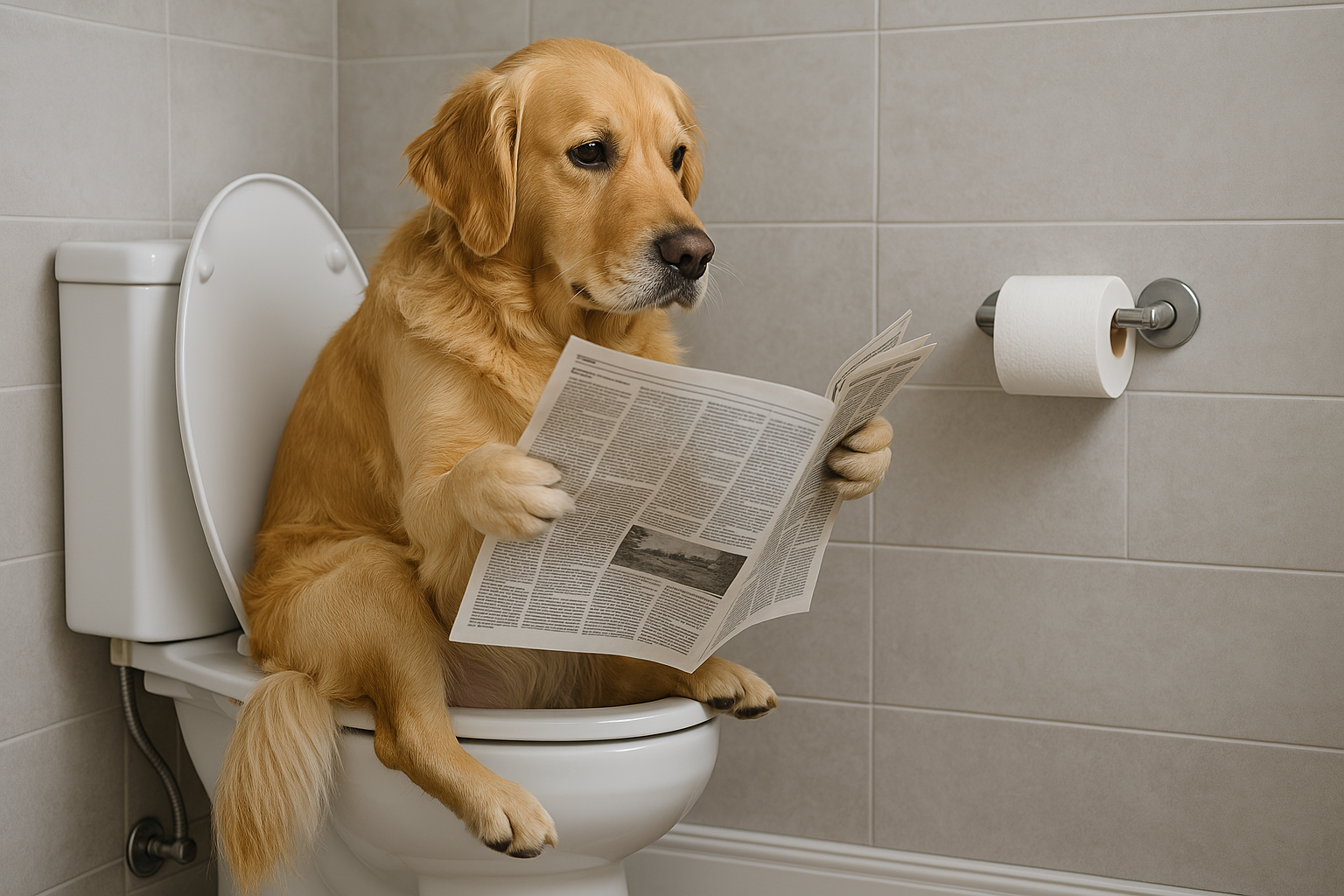 Golden retriever sitting on a toilet reading a newspaper